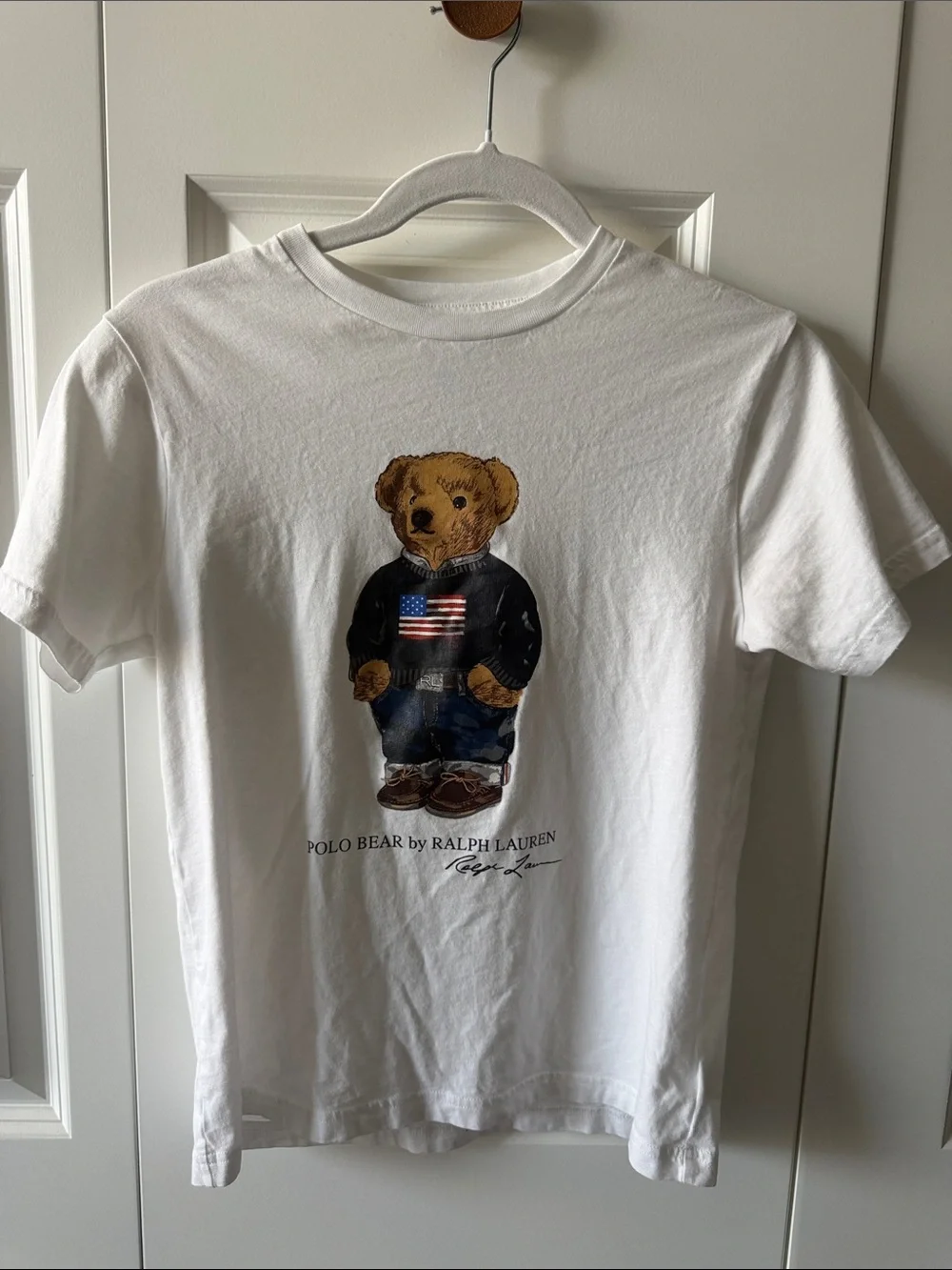 Ralph Lauren White Tee with Polo Bear Flag Graphic